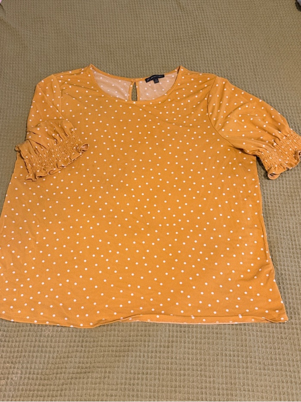 Adrianna Papell Mustard Polka Dot Puff Sleeve Blouse